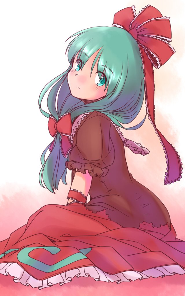 1girl, arm_ribbon, dress, frilled_dress, frilled_sleeves, frills, from_side, front_ponytail