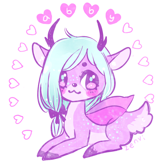:3, artist_name, blue_hair, blush, character_name, creature, deer, hair_ribbon