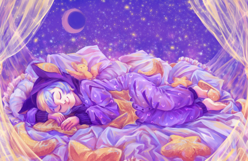 1girl, closed_eyes, commentary, commission, crescent_moon, curtains, english_commentary, full_body, highres, moon, multicolored_hair, night, night_sky, original, pajamas, pillow, rosewater, sky, sleeping, smile, solo, star_(sky), starry_sky, two-tone_hair