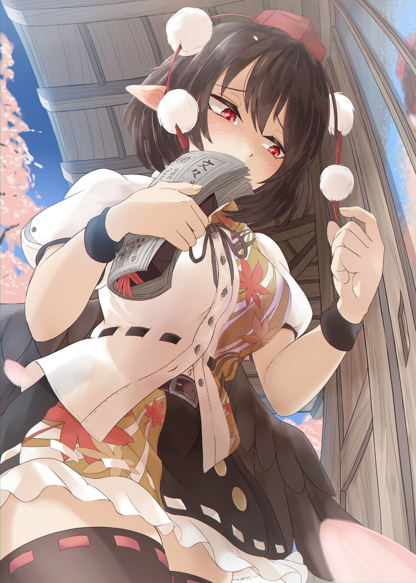 1girl, arms_up, black_hair, black_legwear, black_neckwear, black_ribbon, blue_sky, blush