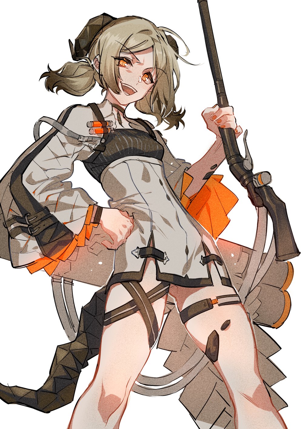 1girl, :d, arknights, bangs, blonde_hair, breasts, dress, hand_on_hip