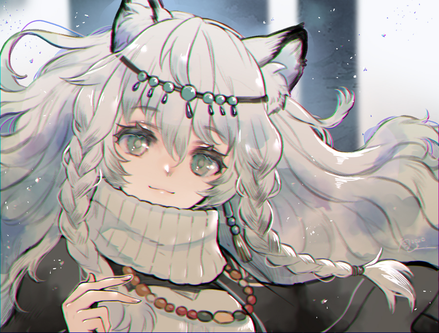 1girl, :3, animal_ear_fluff, animal_ears, arknights, bangs, bead_necklace, beads