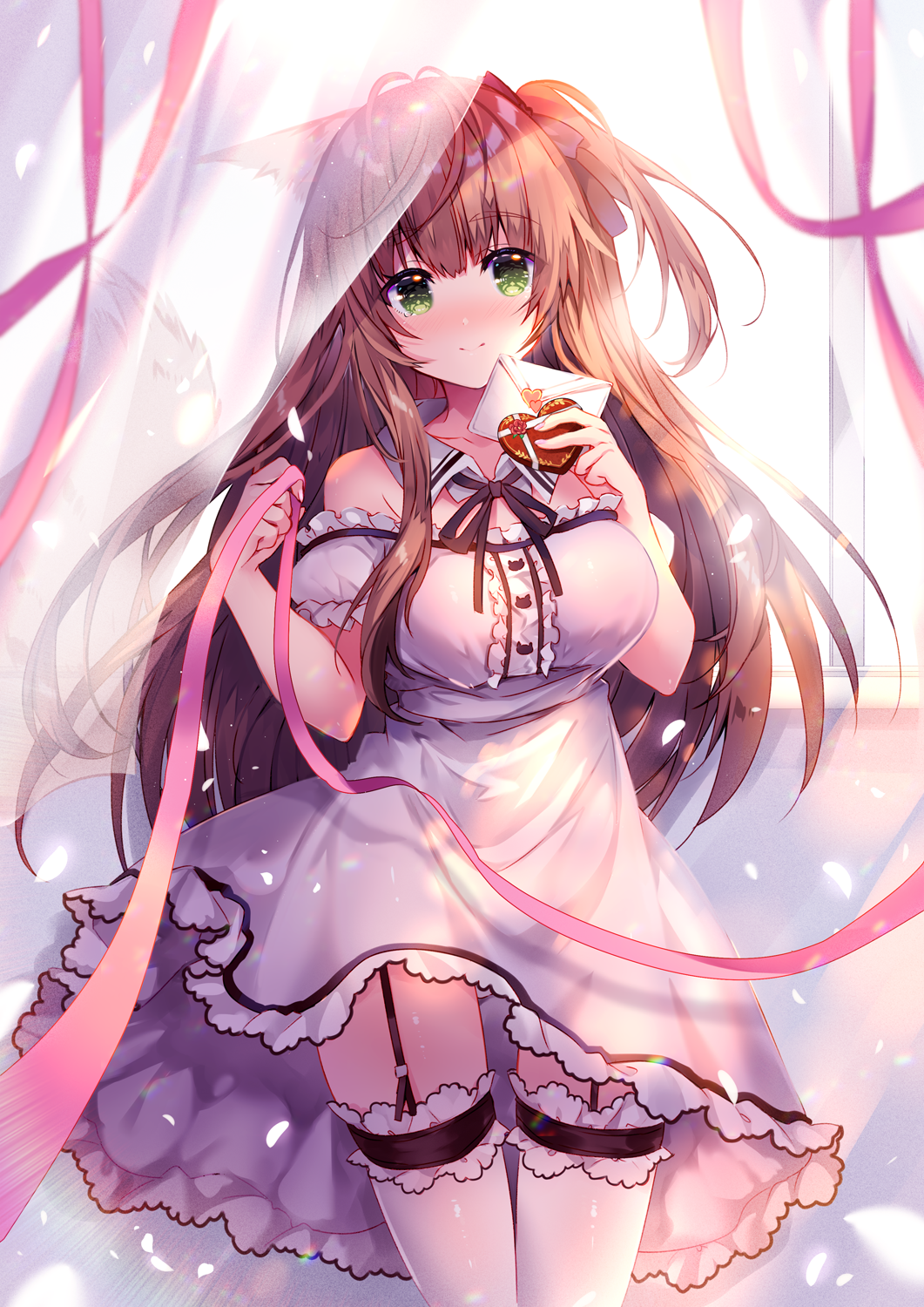 1girl, animal_ears, arms_up, bangs, black_neckwear, box, breasts, brown_hair