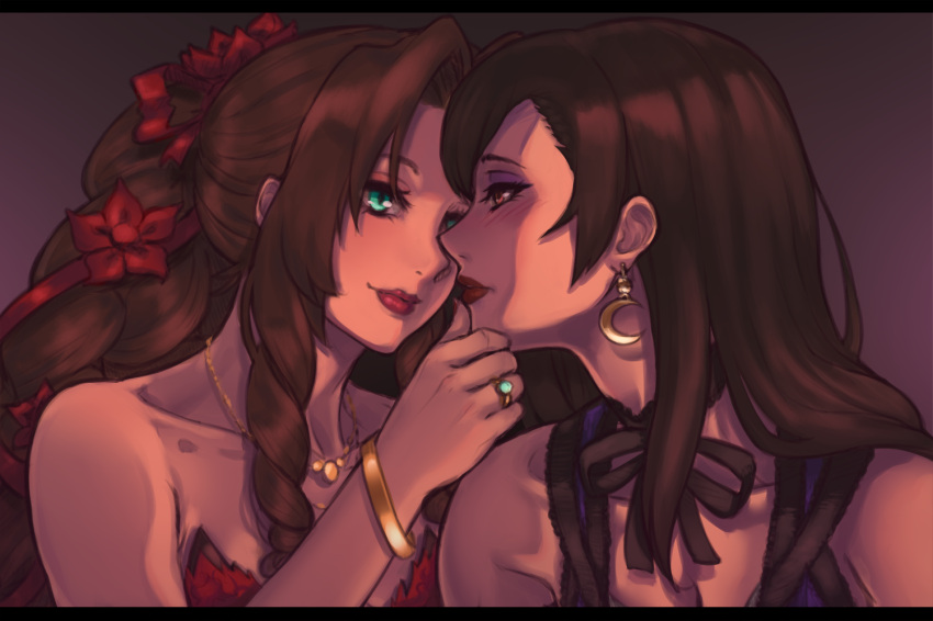 2girls, aerith_gainsborough, black_hair, bloopiest, blush, bow, bracelet, brown_eyes