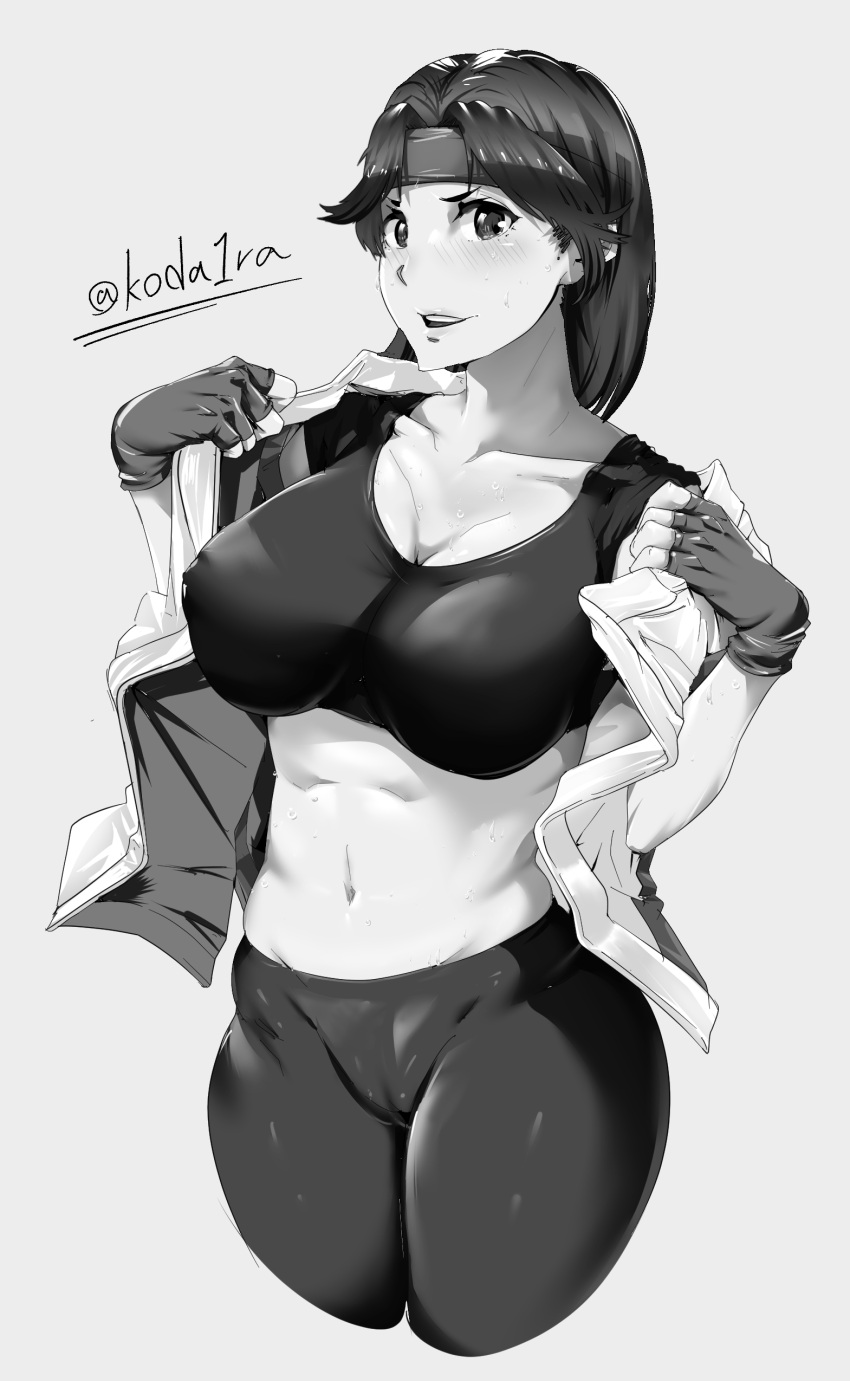 1girl, absurdres, blush, breasts, collarbone, commentary_request, covered_nipples, cowboy_shot, fingerless_gloves, gloves, greyscale, headband, highres, jacket, koda1ra, large_breasts, looking_at_viewer, midriff, monochrome, navel, open_clothes, open_jacket, pants, parted_lips, ryuuko_no_ken, skin_tight, snk, spandex, sports_bra, sweat, the_king_of_fighters, yoga_pants, yuri_sakazaki