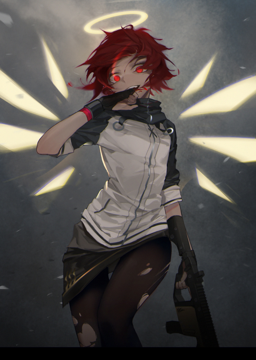 1girl, absurdres, arknights, black_gloves, black_legwear, energy_wings, exusiai_(arknights), fingerless_gloves