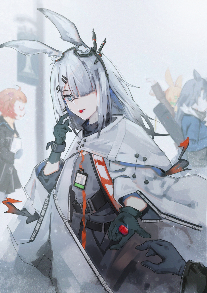 4girls, animal_ears, arknights, bangs, beagle_(arknights), belt_buckle, black_gloves, blonde_hair