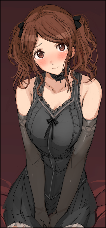 1girl, alternate_costume, amagami, bare_shoulders, breasts, brown_eyes, brown_hair, choker