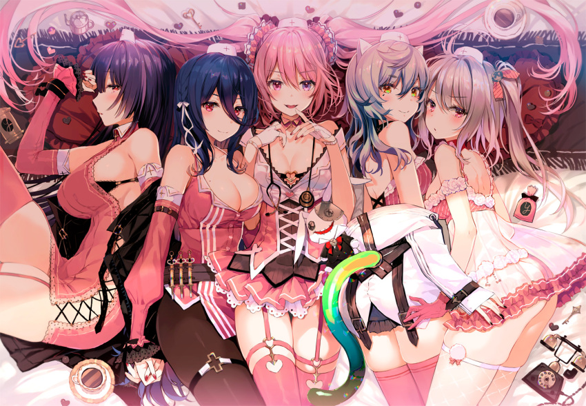 5girls, animal_ears, ass, babydoll, bare_shoulders, belt, black_bra, blue_hair