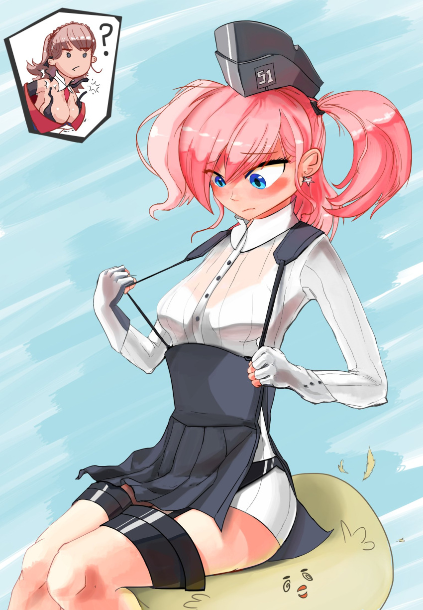 2girls, ?, @_@, alternate_hairstyle, atlanta_(azur_lane), atlanta_(azur_lane)_(cosplay), atlanta_(kantai_collection), atlanta_(kantai_collection)_(cosplay), azur_lane, between_breasts, blouse, blue_eyes, blush, bra_strap, braid, breasts, brown_hair, cosplay, costume_switch, crown_braid, earrings, garrison_cap, garter_straps, gloves, grey_eyes, hairstyle_switch, hat, high-waist_skirt, highres, jewelry, kantai_collection, large_breasts, long_sleeves, manjuu_(azur_lane), multiple_girls, namesake, off_shoulder, oversized_clothes, partly_fingerless_gloves, pink_hair, red_neckwear, see-through, shikizar, sitting, sitting_on_person, skirt, small_breasts, solid_circle_eyes, star, star_earrings, suspender_skirt, suspenders, thigh_strap, undersized_clothes, white_blouse, white_gloves