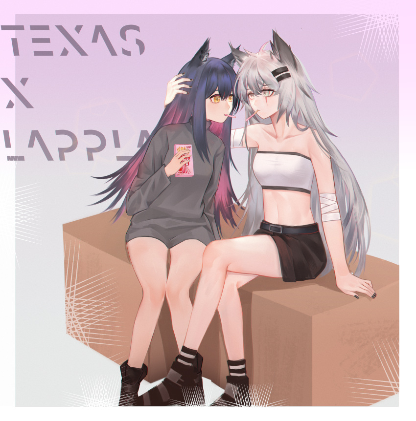2girls, absurdres, animal_ears, arknights, arm_support, bandaged_arm, bandages, bandeau
