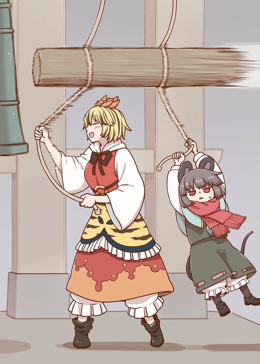 2girls, :d, animal_ears, bell, black_footwear, black_neckwear, black_ribbon, blonde_hair