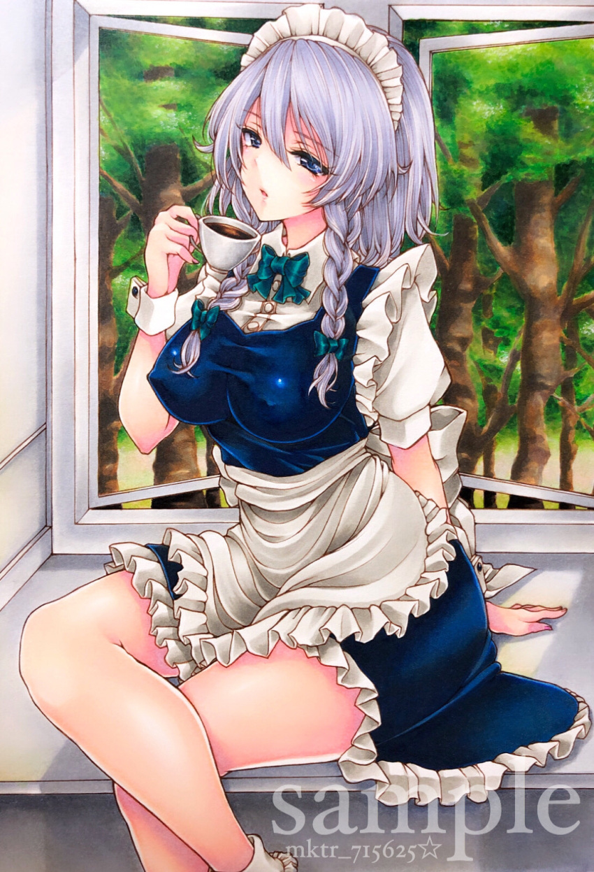 1girl, apron, arm_support, bangs, blue_dress, blue_eyes, bobby_socks, bow, bowtie, braid, breasts, commentary_request, covered_nipples, crossed_legs, cup, dress, eyebrows_visible_through_hair, feet_out_of_frame, frilled_apron, frills, green_bow, green_neckwear, hair_between_eyes, hair_bow, hand_up, head_tilt, highres, holding, holding_cup, indoors, izayoi_sakuya, large_breasts, looking_at_viewer, maid, maid_apron, maid_headdress, mktr_(princess_mktr), parted_lips, partial_commentary, petticoat, puffy_short_sleeves, puffy_sleeves, sample, shirt, short_dress, short_hair, short_sleeves, silver_hair, sitting, socks, solo, teacup, thighs, touhou, tree, twin_braids, waist_apron, watermark, white_apron, white_legwear, white_shirt, window, wrist_cuffs