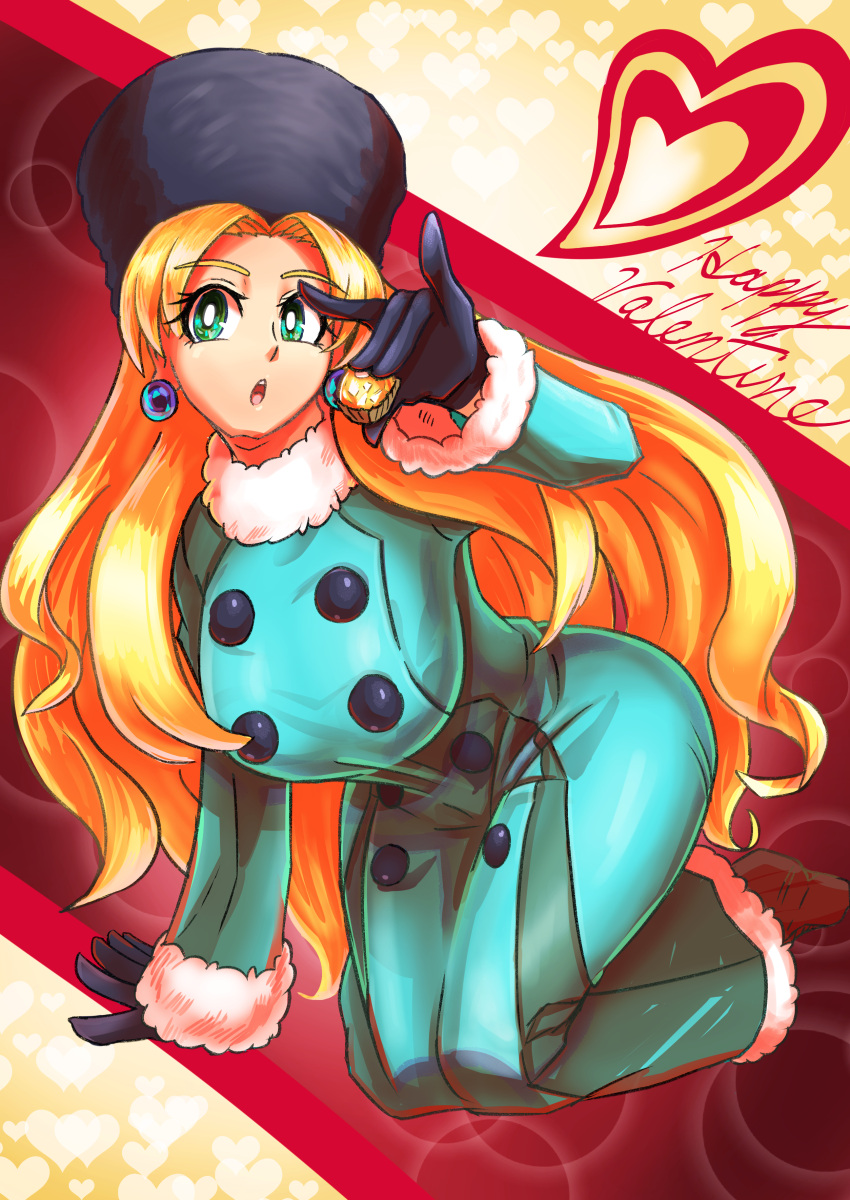 1girl, absurdres, bangs, black_gloves, blonde_hair, blue_coat, blush, breasts