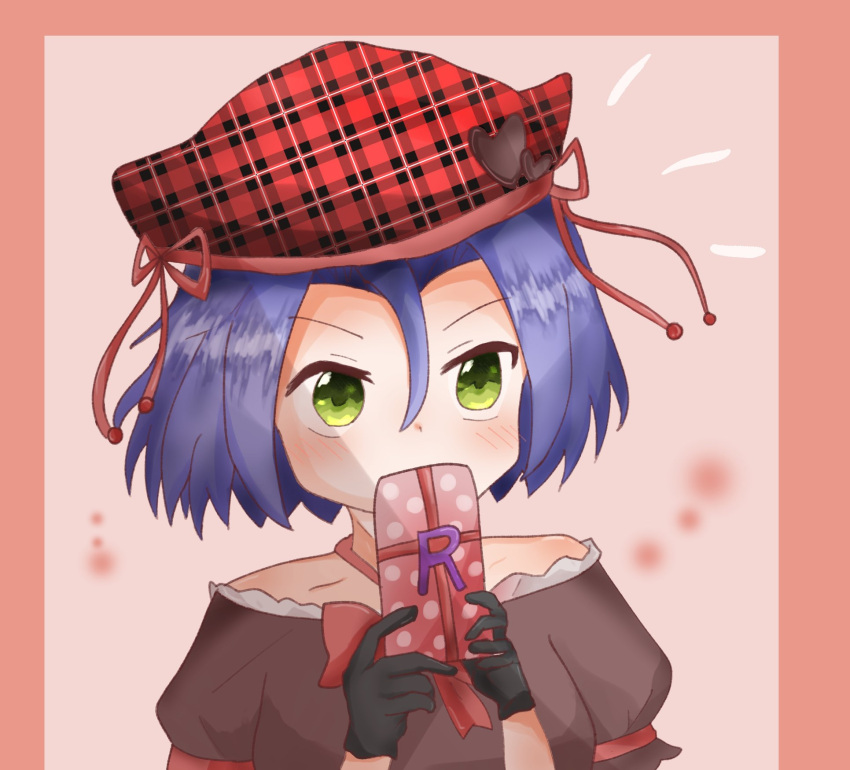 1boy, adorable_balinese, blue_hair, blush, crossdressinging, gift, gloves, green_eyes