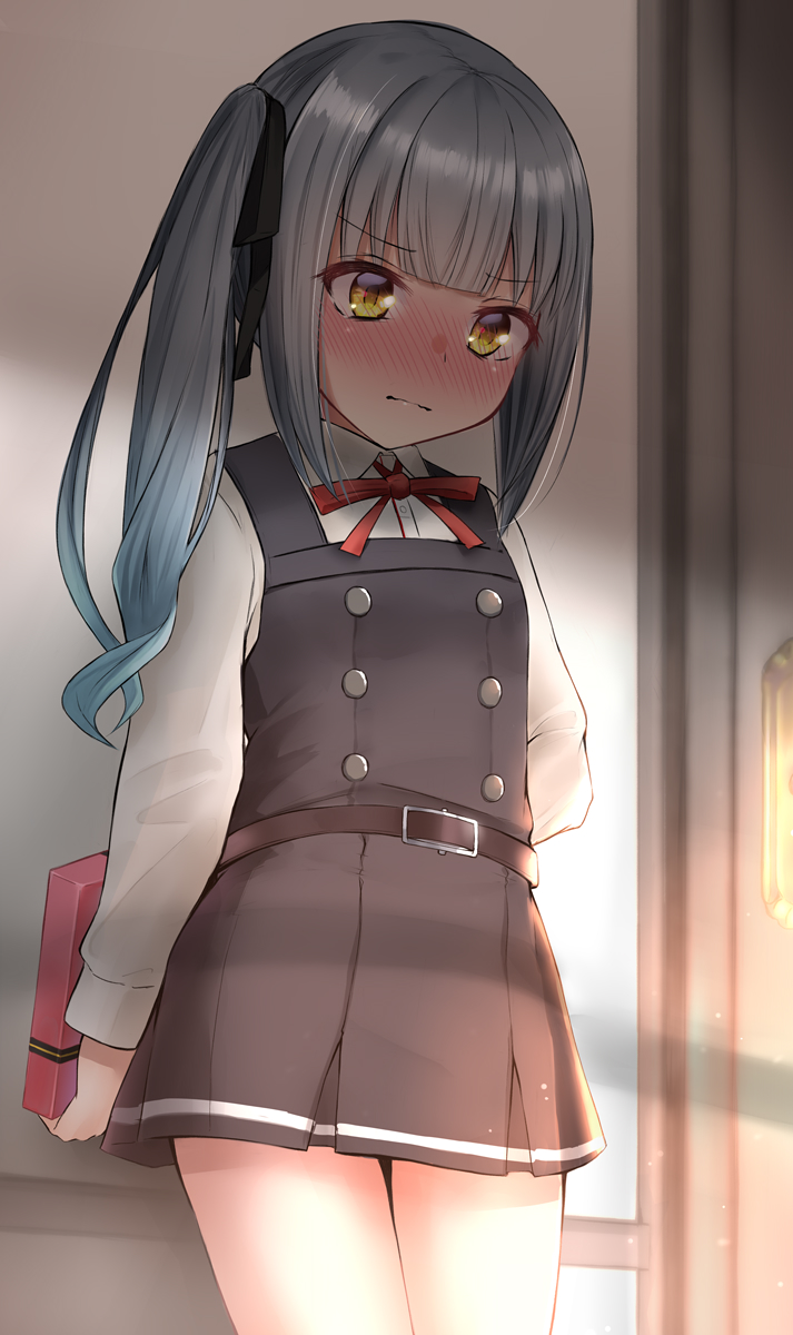 1girl, arms_behind_back, bangs, belt, black_dress, blush, box, closed_mouth