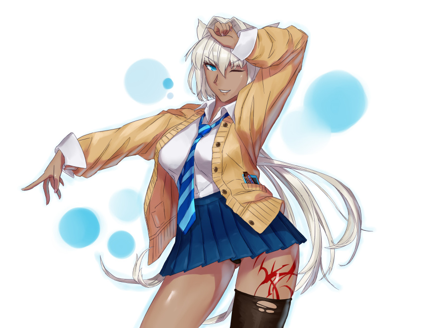 1girl, absurdres, animal_ears, blue_skirt, breasts, caenis_(fate), collared_shirt, commentary_request