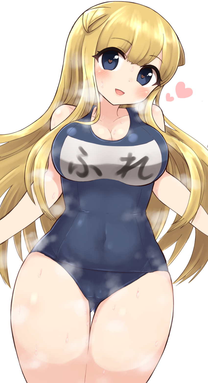 1girl, alternate_costume, ass_visible_through_thighs, blonde_hair, blue_eyes, blue_swimsuit, breasts, cowboy_shot