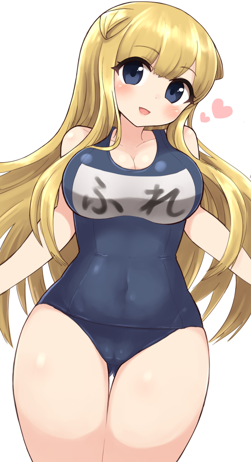 1girl, alternate_costume, ass_visible_through_thighs, blonde_hair, blue_eyes, blue_swimsuit, breasts, commentary_request