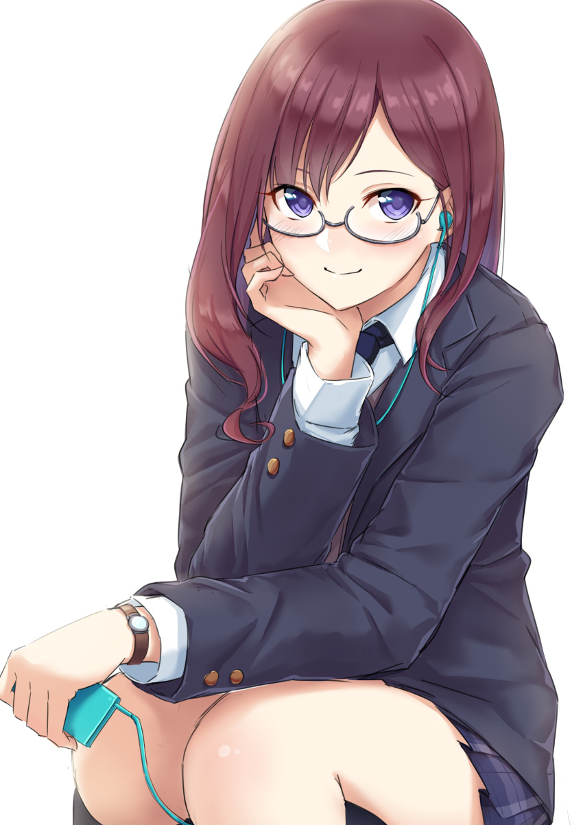 1girl, absurdres, blazer, blue_jacket, commentary_request, digital_media_player, earphones, earphones