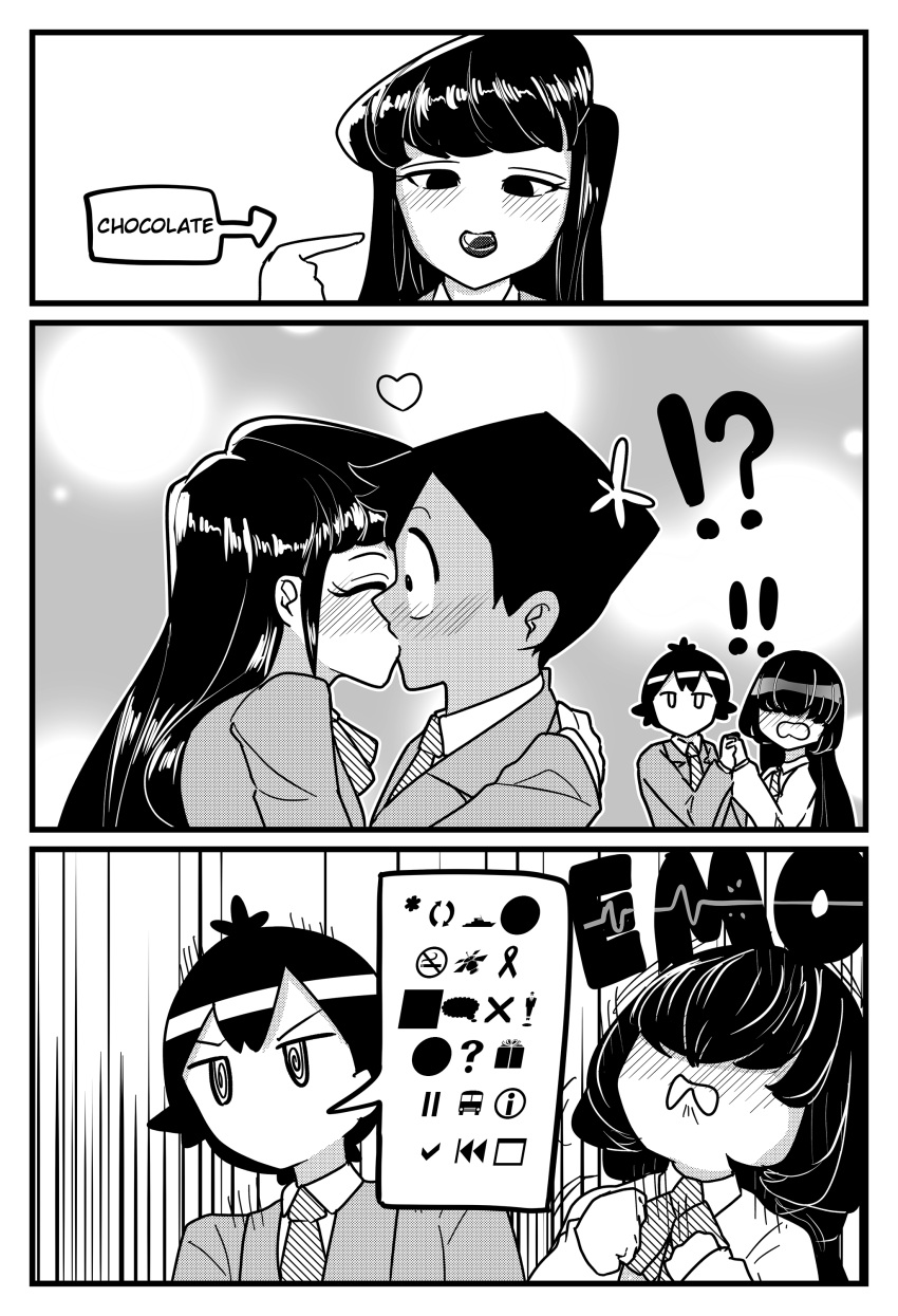 !?, 2boys, 2girls, absurdres, blush, chocolate, closed_eyes, emoyama_yuragi, english_text, hair_ornament, hair_over_eyes, heart, highres, kiss, komi-san_wa_komyushou_desu, komi_shouko, komitani_chuusaku, multiple_boys, multiple_girls, necktie, o_o, pompmaker1, school_uniform, tadano_hitohito