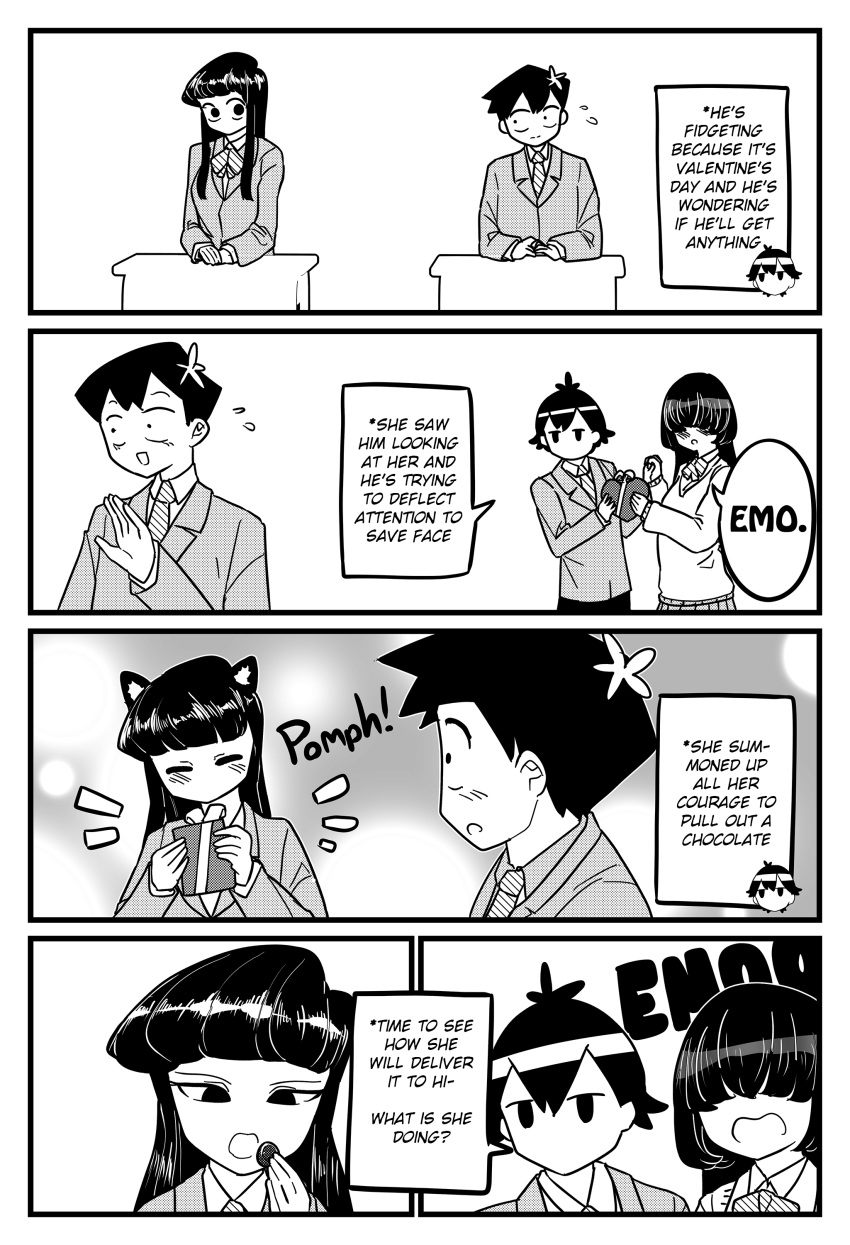 2boys, 2girls, absurdres, animal_ears, cat_ears, chocolate, closed_eyes, emoyama_yuragi, english_text, hair_ornament, highres, komi-san_wa_komyushou_desu, komi_shouko, komitani_chuusaku, multiple_boys, multiple_girls, necktie, pompmaker1, school_uniform, smile, sweatdrop, tadano_hitohito
