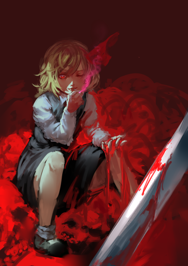 1girl, black_footwear, black_skirt, blonde_hair, blood, hair_between_eyes, hair_ornament, inishie_kumo