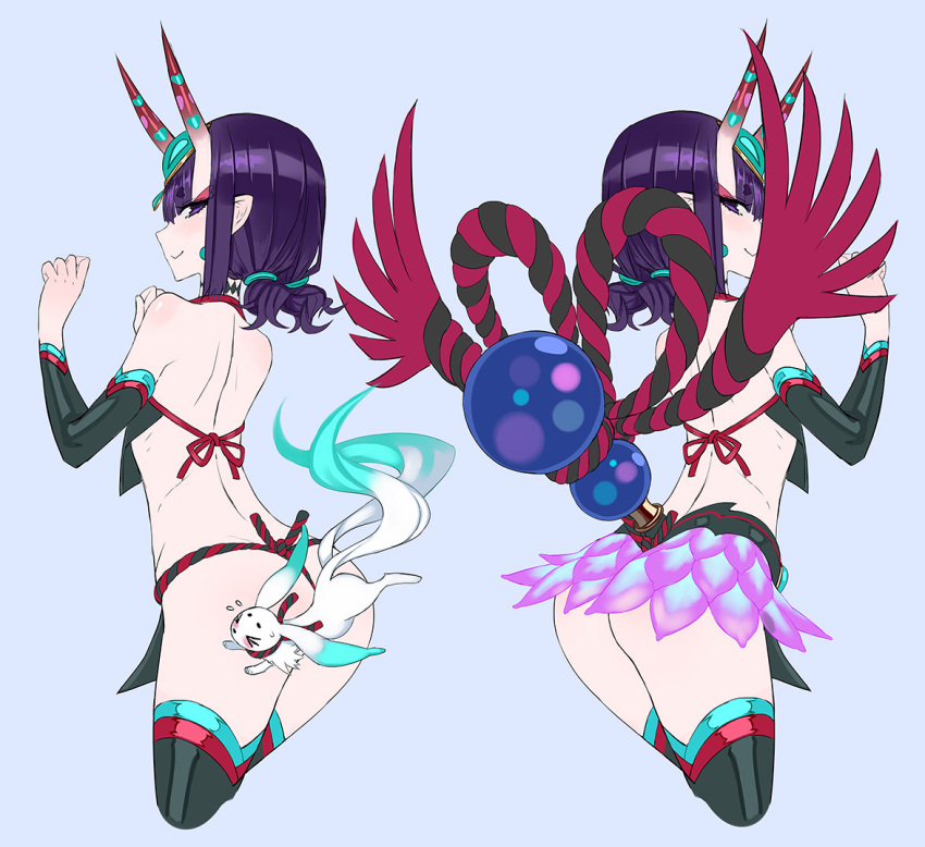 >_<, 1girl, ass, back, bangs, bare_shoulders, black_fundoshi, black_legwear