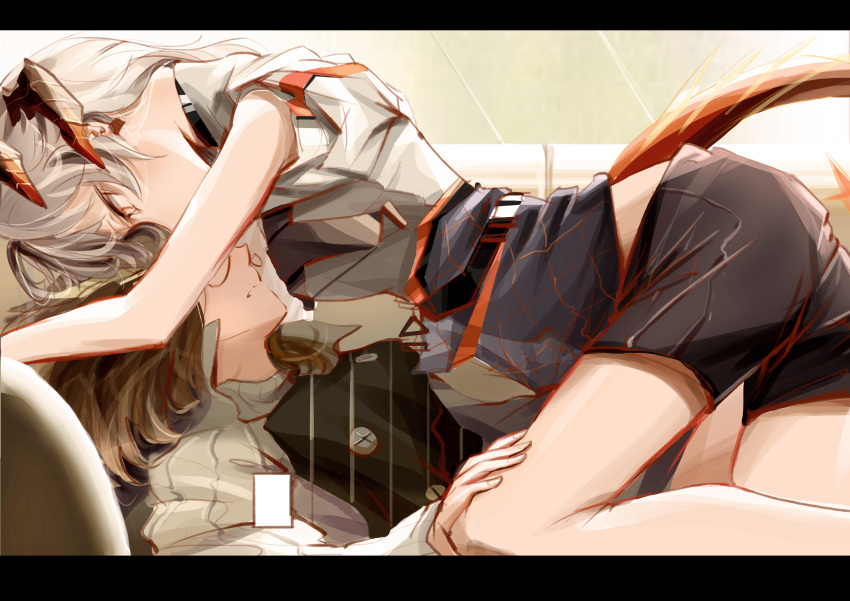 2girls, absurdres, arknights, black_shorts, brown_hair, girl_on_top, glasses, grey_hair, hand_on_another's_thigh, highres, horns, letterboxed, looking_at_another, multiple_girls, orange_eyes, saria_(arknights), short_hair, shorts, silence_(arknights), tail, wuws, yuri