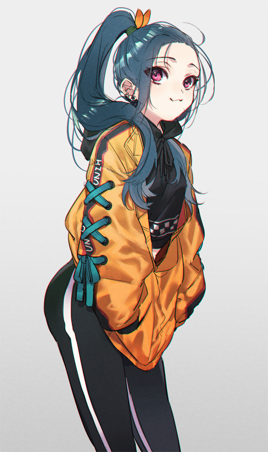 1girl, :3, ass, black_hoodie, black_pants, blue_hair, breasts, checkered