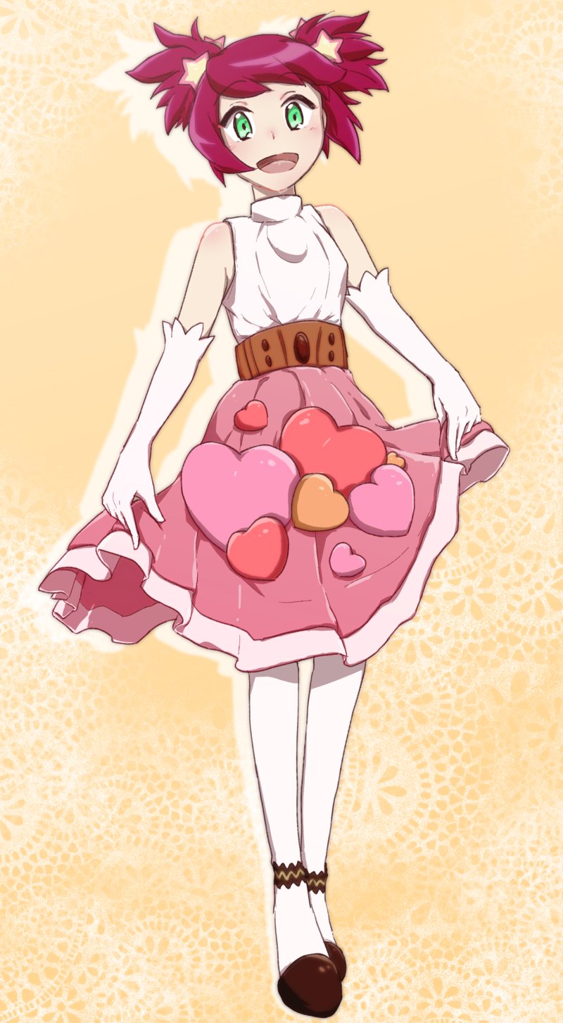 1girl, :d, bangs, blush, elbow_gloves, full_body, gloves, green_eyes, hair_ornament, heart, hibiki_misora, highres, kika_tohoku, open_mouth, rockman, ryuusei_no_rockman, short_hair, short_twintails, simple_background, skirt, sleeveless, smile, solo, standing, star, star_hair_ornament, twintails, white_gloves, white_legwear