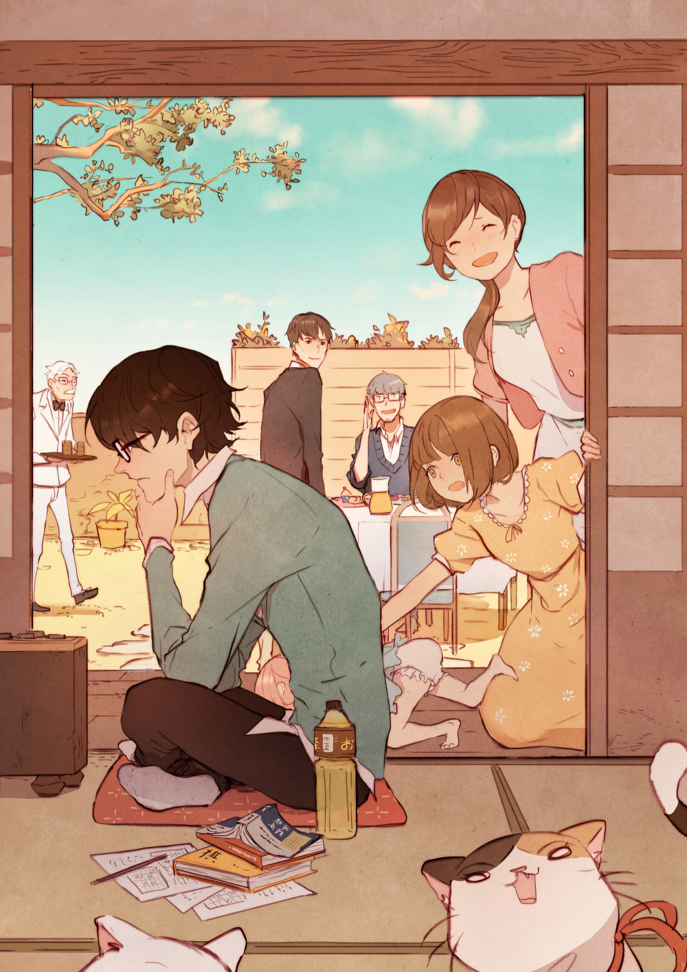 3girls, 4boys, :o, barefoot, black_pants, bloomers, board_game, book_stack