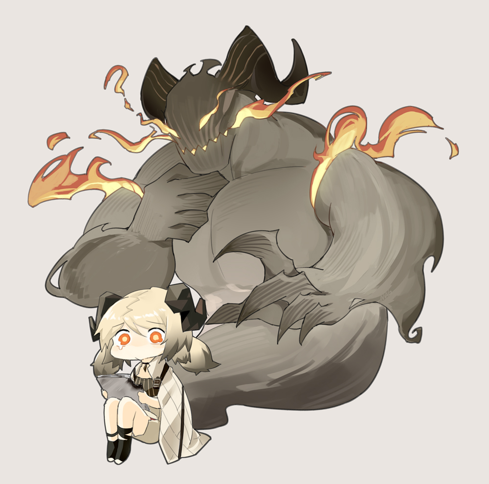 1girl, ?, arknights, black_footwear, blonde_hair, brown_background, burned_paper, burnt