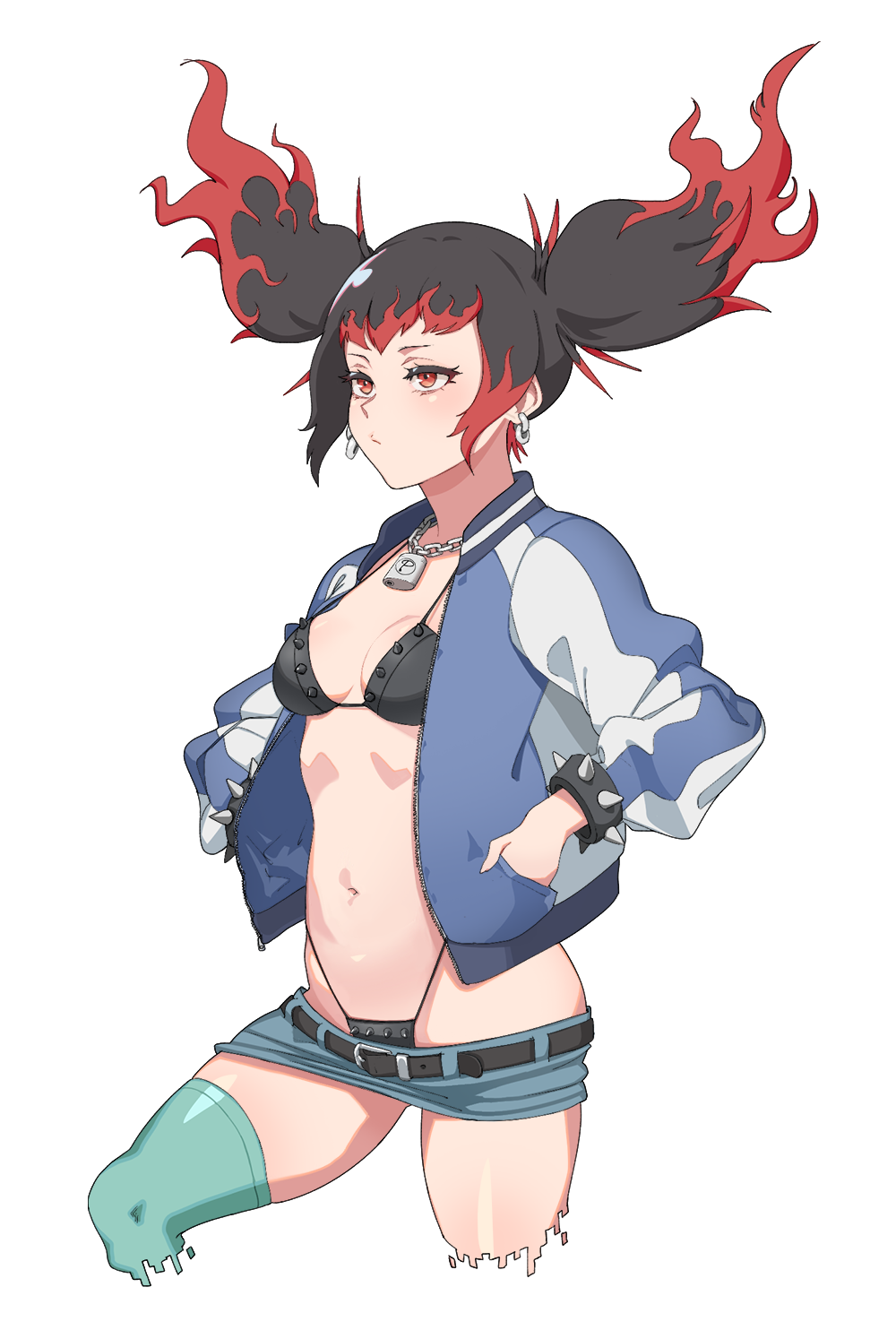 1girl, bangs, belt, bikini, black_belt, black_bikini, black_hair, blue_jacket
