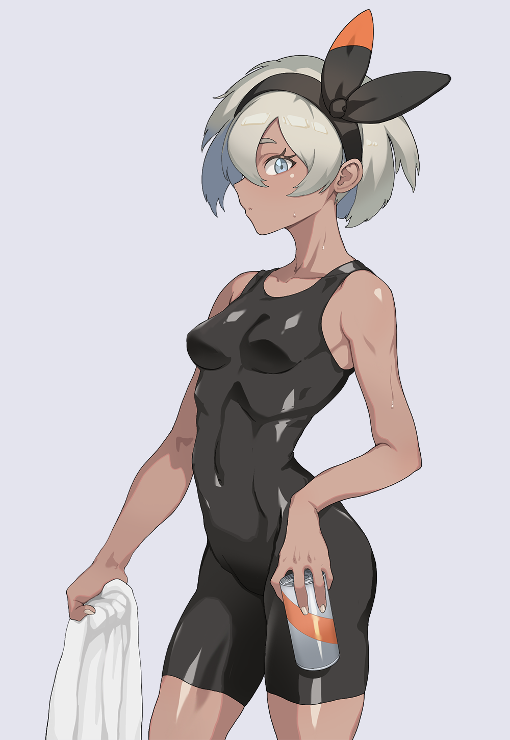 1girl, black_bodysuit, black_hairband, bodysuit, breasts, can, closed_mouth, commentary, covered_navel, cowboy_shot, dark_skin, grey_background, grey_eyes, grey_hair, gym_leader, hairband, highres, holding, holding_can, holding_towel, looking_at_viewer, muscle, muscular_female, pokemon, pokemon_(game), pokemon_swsh, ribs, saitou_(pokemon), short_hair, silver_hair, simple_background, small_breasts, soda_can, solo, standing, sweatdrop, towel, zzzearly