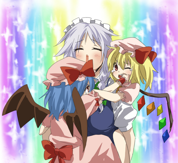 blood, cheek_tug, duel_love, flandre_scarlet, hat, heaven_condition, izayoi_sakuya, maid, maid_headdress, manekinukotei, nosebleed, parody, remilia_scarlet, tears, touhou, wings