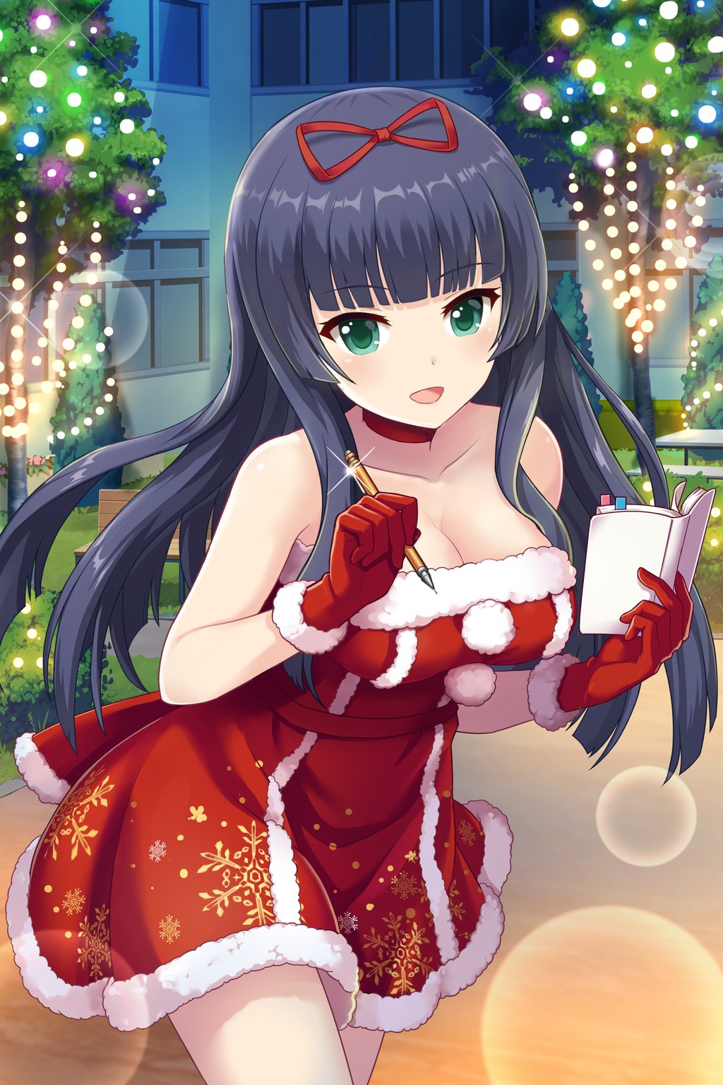 1girl, alternative_girls, bare_shoulders, christmas, christmas_dress, christmas_lights, eyebrows_visible_through_hair, gloves