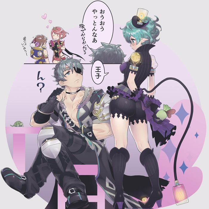 2boys, 2girls, ass, boots, breasts, curly_hair, eyepatch, glasses