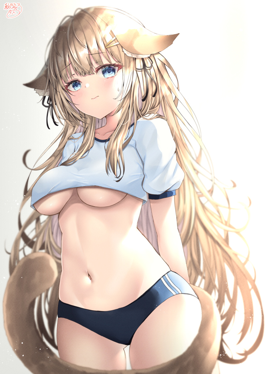 1girl, animal_ear_fluff, animal_ears, blue_buruma, blue_eyes, blurry, breasts, brown_hair