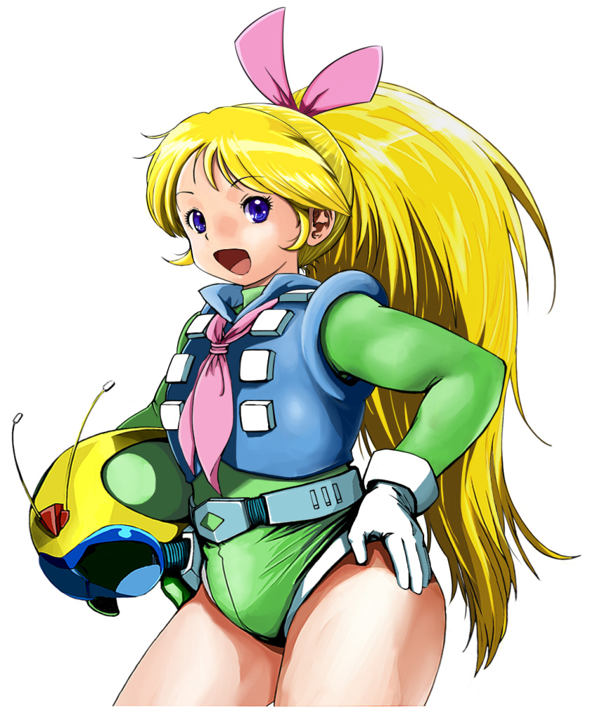 1girl, :d, ascot, blonde_hair, blue_eyes, blue_vest, boots, bow, cowboy_shot, gloves, green_leotard, hair_bow, headwear_removed, helmet, helmet_removed, highres, kamikita_keiko, leotard, long_hair, lue_(heizo), muteki_choujin_zambot_3, open_mouth, pink_bow, ponytail, smile, solo, standing, vest, white_background, white_gloves