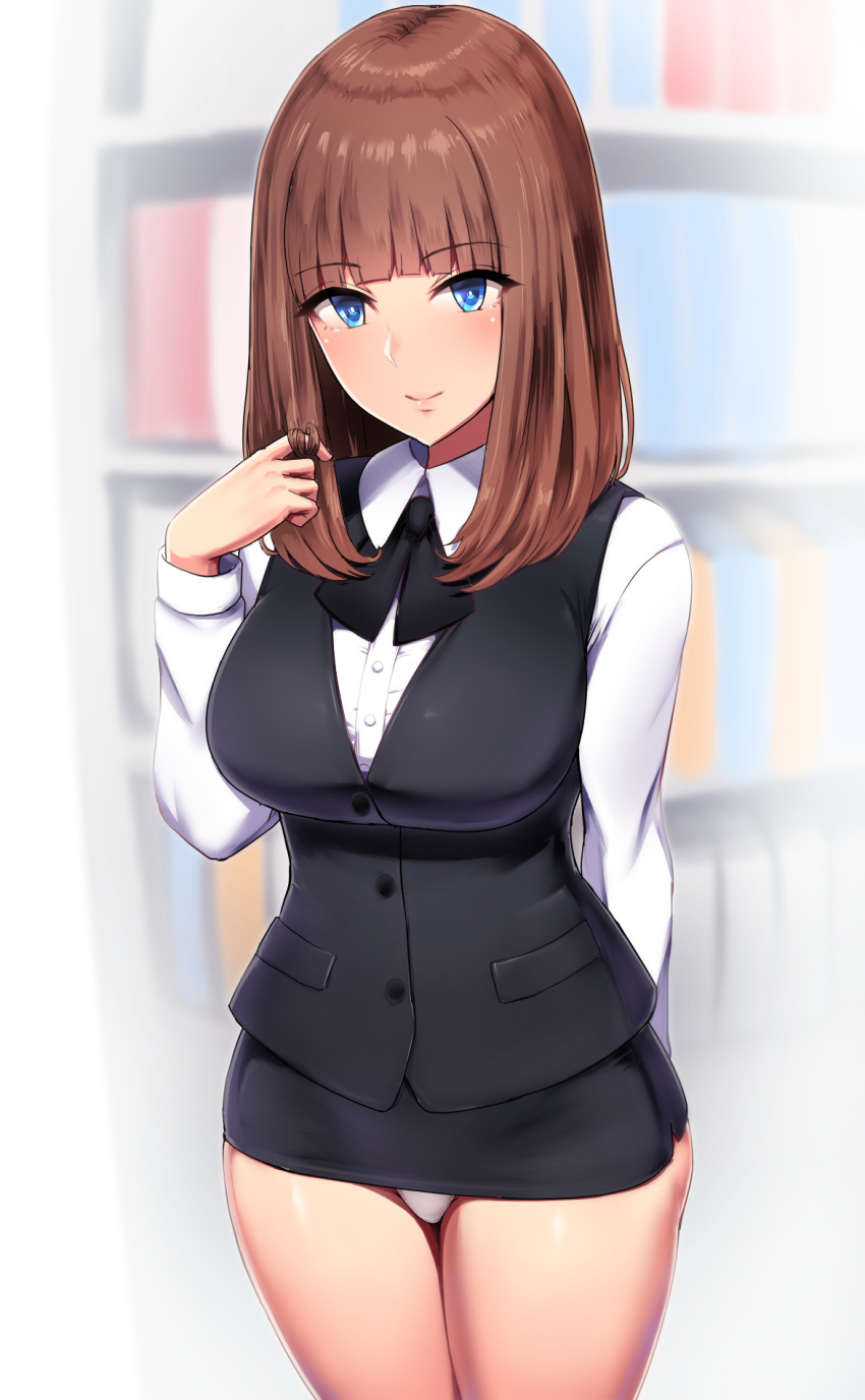 1girl, blue_eyes, blush, breasts, brown_hair, covered_navel, formal, hair_twirling