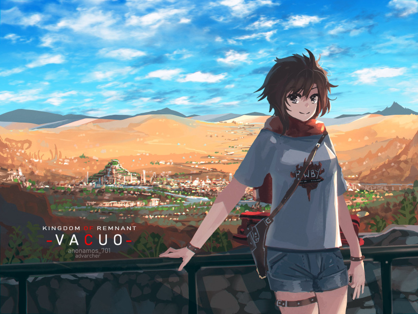1girl, alternate_costume, anonamos, backpack, bag, brown_hair, casual, city