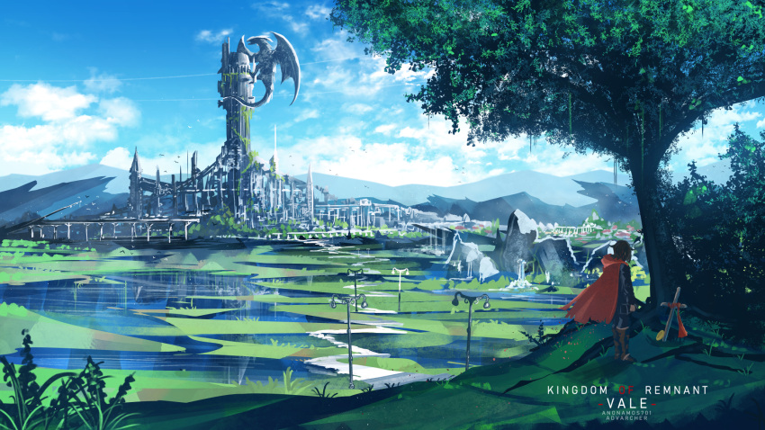 1girl, anonamos, blue_sky, boots, cape, city, clouds, cross, crossed_arms, dragon, highres, knee_boots, ruby_rose, rwby, scenery, sky, solo, torn_clothes, tree, water