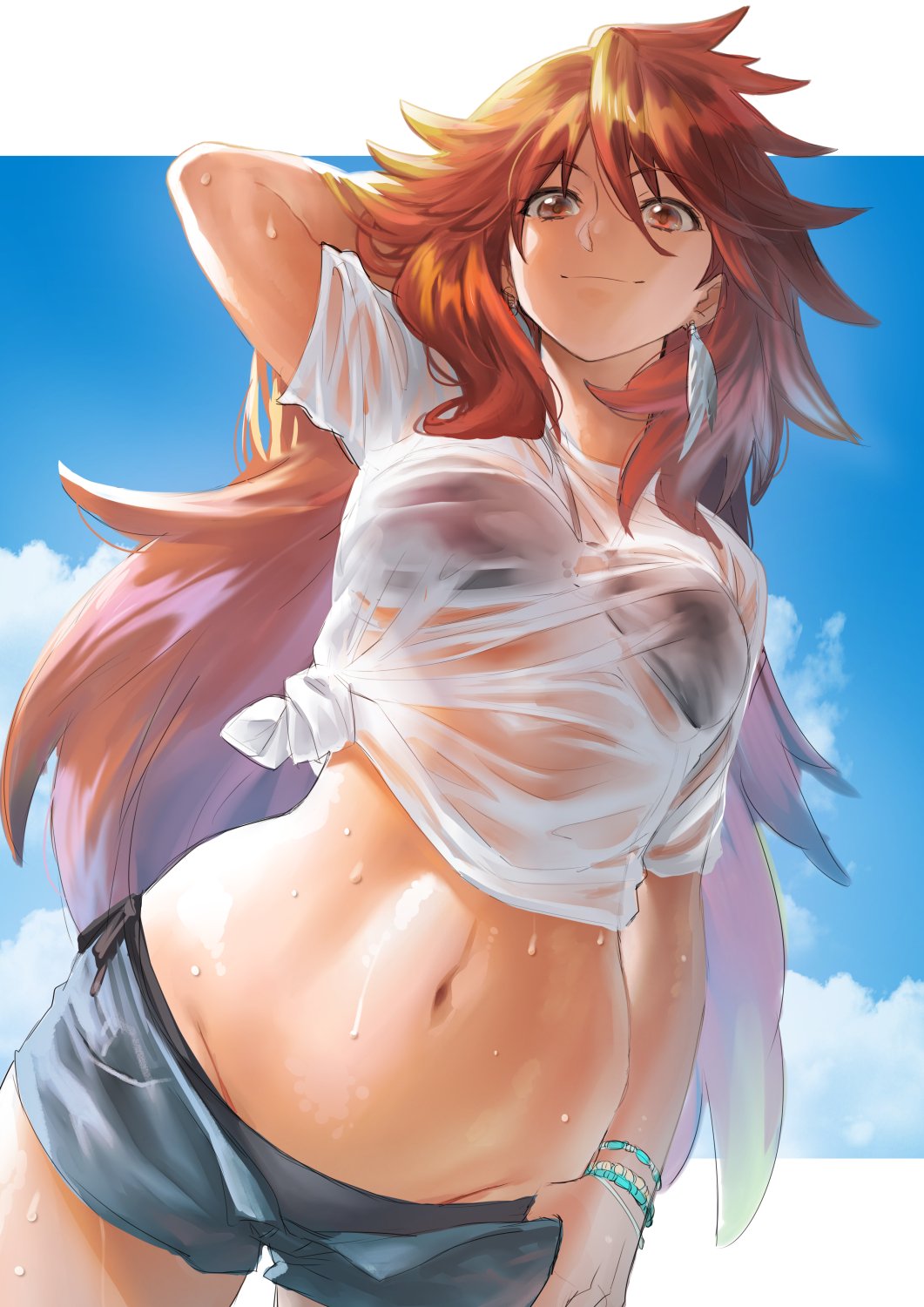 1girl, amou_kanade, black_hair, blue_sky, border, breasts, brown_eyes, brown_hair