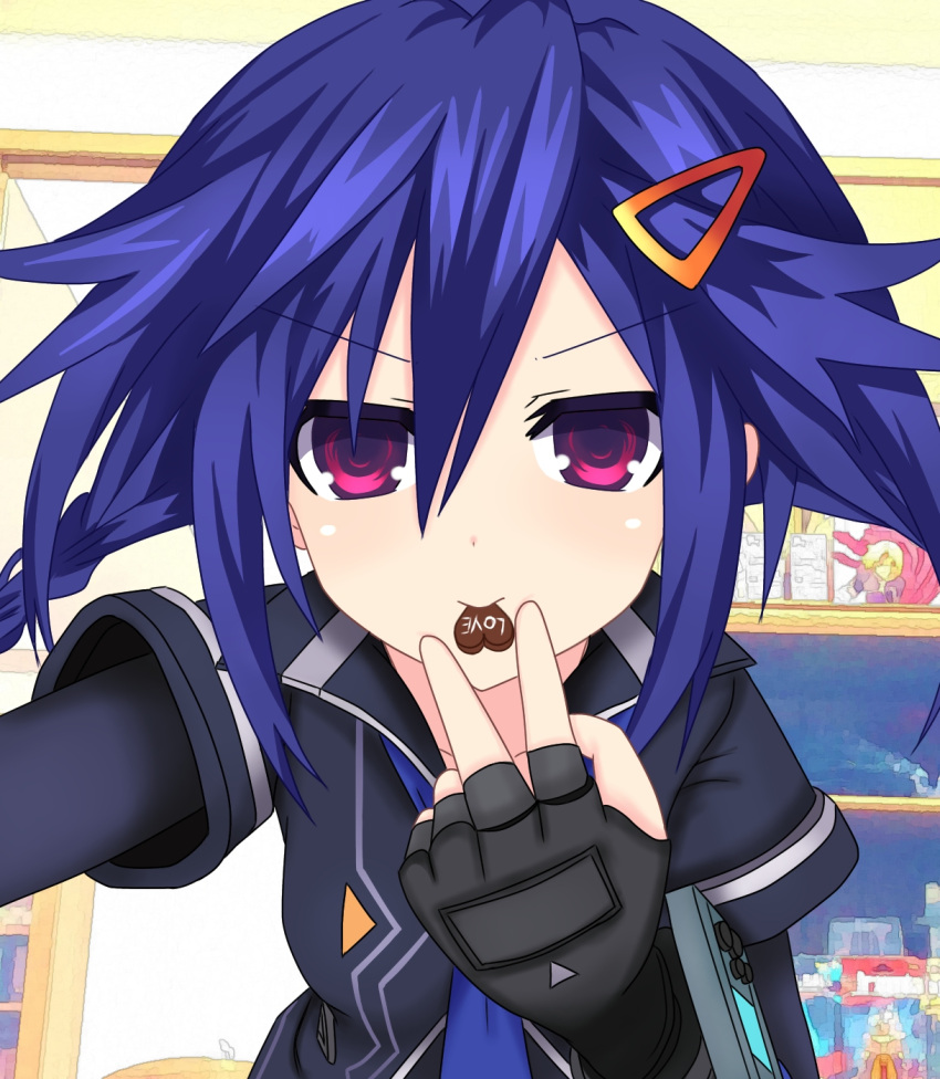 1girl, ankokuboshi_kurome, black_gloves, black_shirt, blue_hair, blue_neckwear, braid, candy, chocolate, chocolate_heart, close-up, commentary_request, fingerless_gloves, fingers_to_mouth, food, g.g._shou, gloves, hair_between_eyes, hair_ornament, hairclip, heart, highres, indoors, looking_at_viewer, mouth_hold, necktie, neptune_(series), shin_jigen_game_neptune_vii, shirt, smile, solo, twin_braids, twintails, upper_body, valentine, violet_eyes