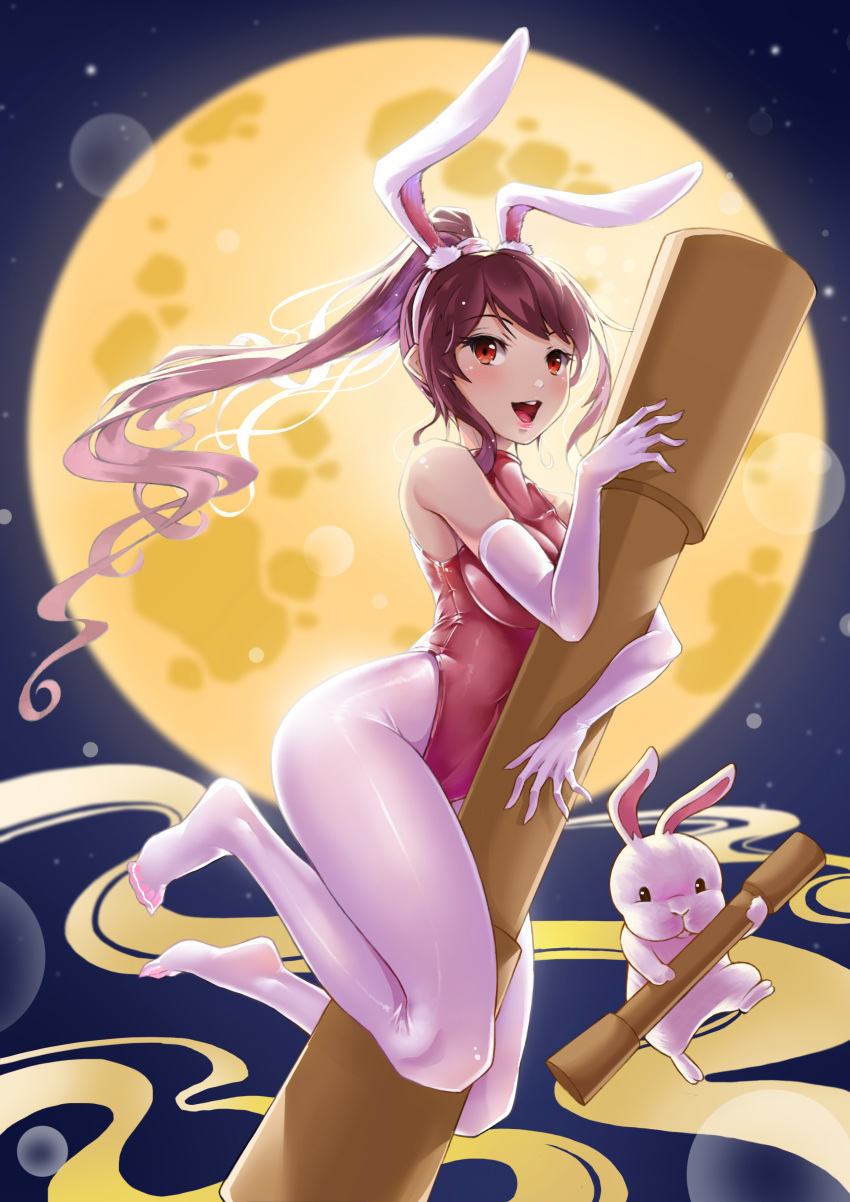 1girl, absurdres, animal_ears, blush, breast_press, breasts, bunny_girl, full_moon