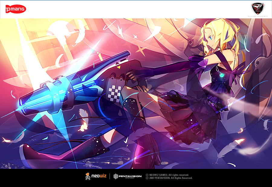 blue_eyes, boots, elbow_gloves, feathers, gloves, gun, mmo, mmorpg