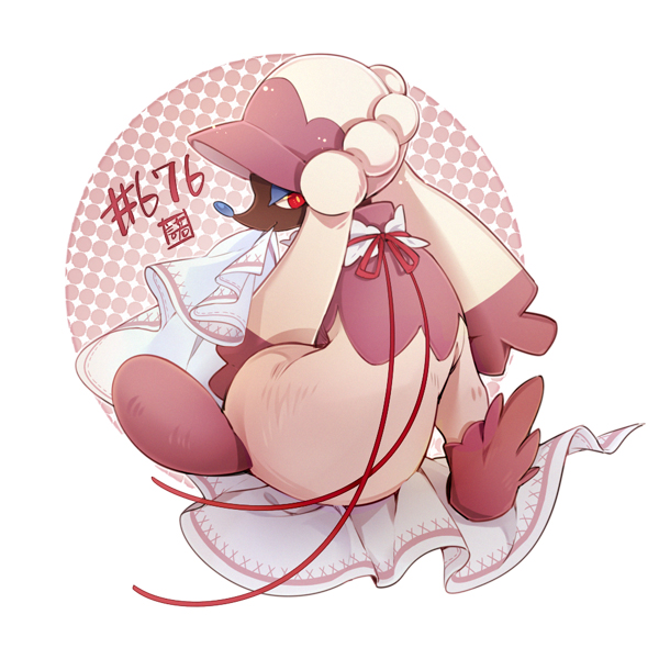 creature, dog, dog_focus, furfrou, furfrou_matron_trim, gen_6_pokemon, mouth_hold, nasnotte, number, pokemon, pokemon_(creature), pokemon_number, red_eyes