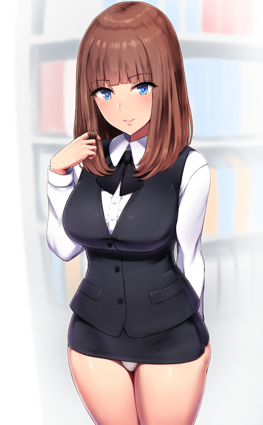1girl, blue_eyes, blush, breasts, brown_hair, covered_navel, formal, hair_twirling