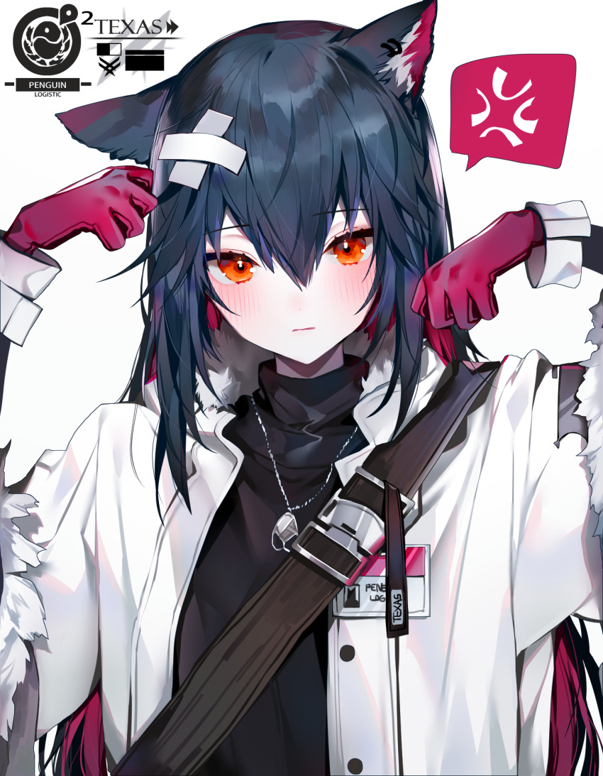 1girl, anger_vein, animal_ear_fluff, animal_ears, arknights, bangs, black_hair, black_shirt
